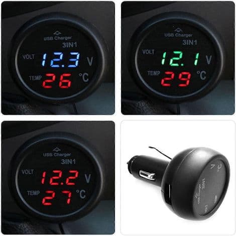 Digital bilvoltmeter-termometer. USB-oplader. Cigarettænderstik. 3 i 1