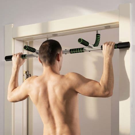 Multifunktionel vægmonteret pull-up bar med skridsikre greb. Bæreevne på 110 kg. Grå og sort.