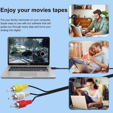 RCA til USB-omformerkabel - Analog video- og lydopptak - For VHS DVD-videokamera - USB 2.0 Plug and Play - 1 stk