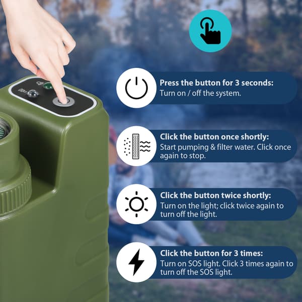 Bærbart USB elektrisk vandfilter med natlys og kompas til camping og nødsituationer