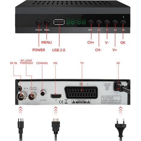 TV-dekoder - DVB-T2 DVB-C - H.265 MPEG-4 MPEG-2 - Digital bakkenett-TV-mottaker - 1 stk