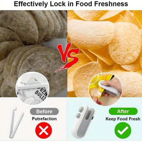 Mini bærbar varmeforsegler – Batteridrevet. Integrert matkutter. Pakke med 2 – Ideell for snacks og matkonservering.