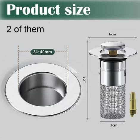 Universal Pop-Up Diskbänkspropp - Diameter 34 till 40 mm - Integrerat Hårfilter - Koppar + 304 Rostfritt Stål - 2 Delar