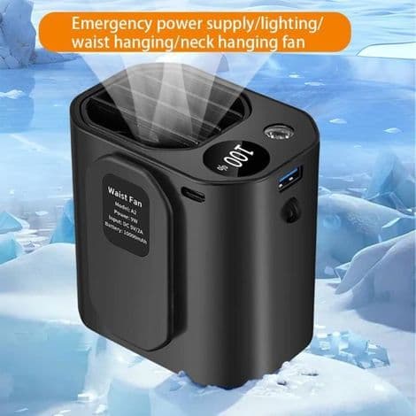 Multifunktionel ventilator - A2G - USB genopladelig - 10.000 mAh - 3 hastigheder - Sort