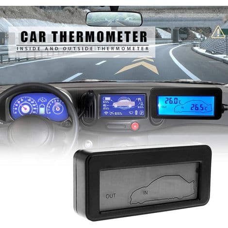 Indendørs/Udendørs Biltermometer - 12V - Baggrundsbelyst LCD-display - Måler Indvendig og Udvendig Temperatur - 1 Styk