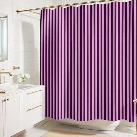 Bruseforhæng - 180 x 180 cm - Blomme og lyserøde striber - Polyesterstof - Til standard badeværelse