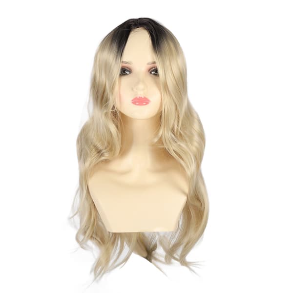 Lång Vågig Mittbena Svart Gradient Blond Syntetisk Peruk