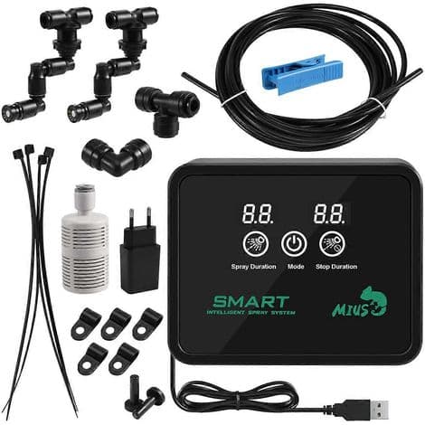 MIUS intelligent automatiskt dimsystem med elektronisk timer, LCD-skärm och bevattningskontroll.