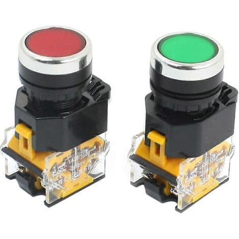 2 kpl hetkellisiä painonappeja, 22 mm, 10 A, 380 V, DPST, punainen ja vihreä