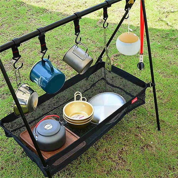 Multifunksjonell sammenleggbar campinggrytehenger med kroker og nettingpose