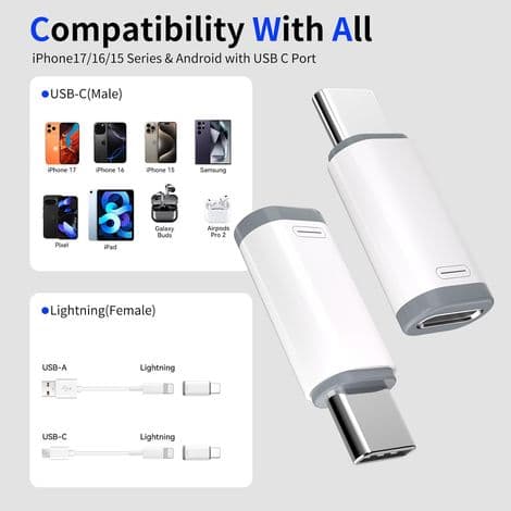 Lightning till USB-C-adapter - Dataöverföring och laddning - Kompatibel med iPhone 15, 16, 17 och Pro Max - Aluminium - 4-pack