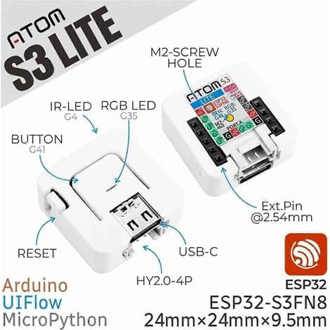 ATOMS3 Lite ESP32S3 udviklingssæt: ESP32-S3 programmerbar controller. Grundlag for udvikling af indlejrede IoT-applikationer.