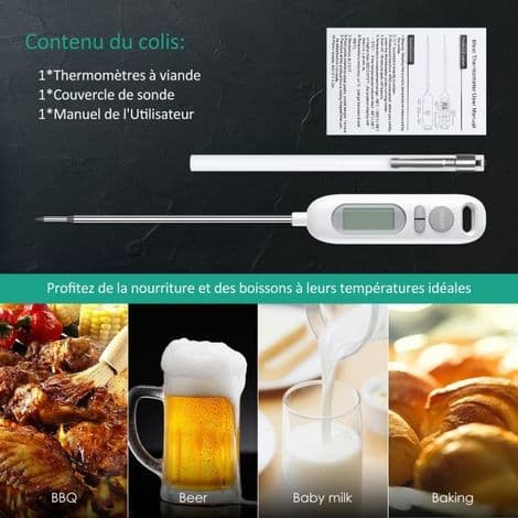 Matlagningstermometer. Digital kökstermometer med lång sond och LCD-skärm - Vit