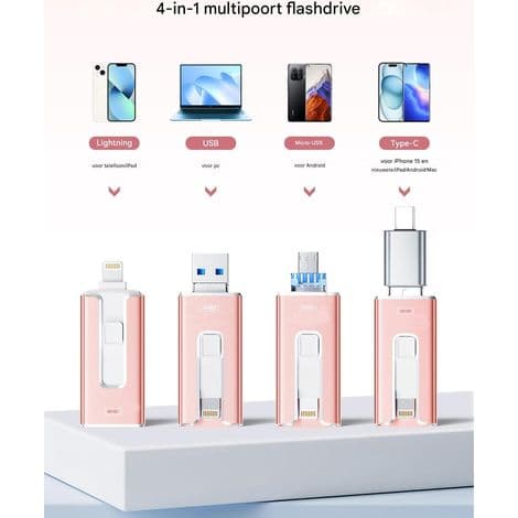 Flerkontakt USB-minnepinne - USB 3.0, Lightning, Micro-USB, USB-C - 256 GB - For iPhone, Android, datamaskin, nettbrett - 1 stk