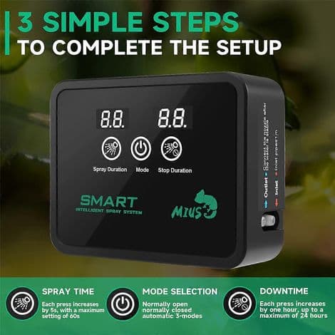 MIUS intelligent automatiskt dimsystem med elektronisk timer, LCD-skärm och bevattningskontroll.