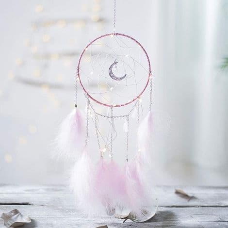 Drømmefanger - Med LED-lys - Bohemsk Veggdekorasjon - Til Jenterom - Diameter 15 cm, Total Lengde 48 cm - Rosa