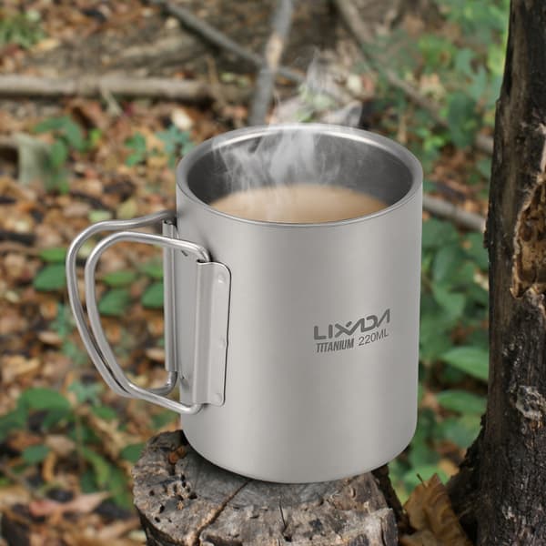 Titanium dobbeltvegget kopp 220 ml med sammenleggbart håndtak for kaffe, te, camping, utendørs bruk
