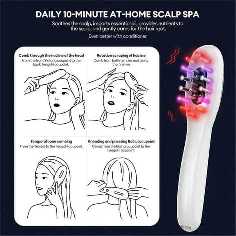 Elektrisk EMS-massagekam med blå og rød LED-vibrationer til hovedbundslysterapi og hårmassage. Massagebørste til hårvækst.