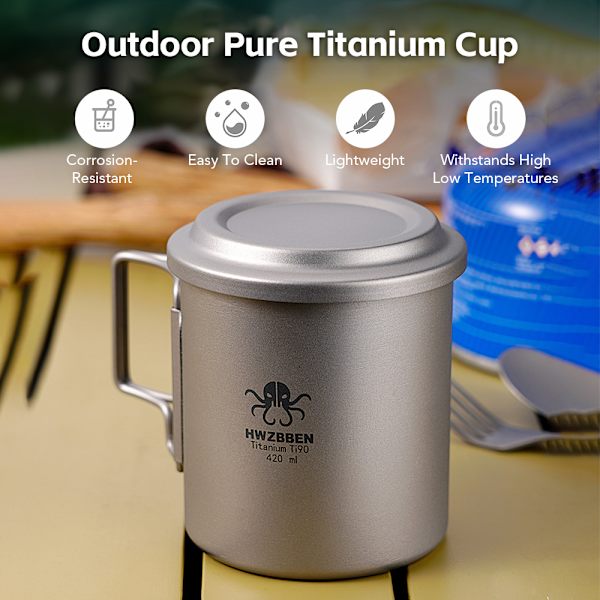 Titaniumkrus med foldbart håndtag og tefilter, 420 ml, til udendørs camping