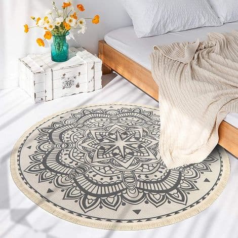 Rund Matta - Bomull - Mandala - Fransar - Maskintvättbar - För Vardagsrum Sovrum - 120 cm