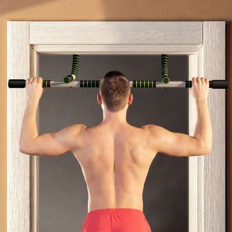Multifunktionel vægmonteret pull-up bar med skridsikre greb. Bæreevne på 110 kg. Grå og sort.