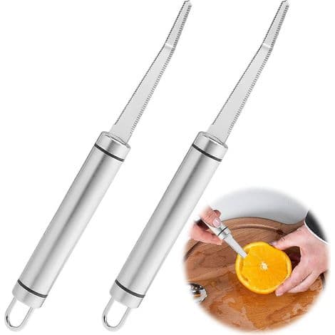 Sett med 2 grapefruktskrellere i rustfritt stål. Buet skreller med taggete kanter. Fruktskreller