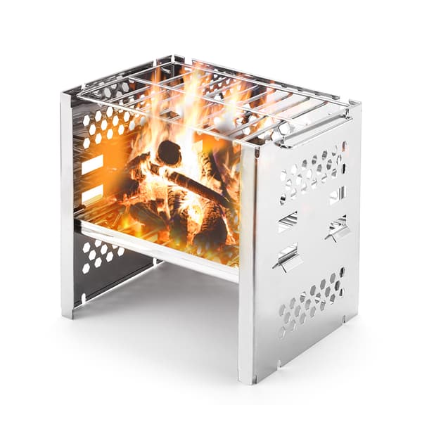Bærbar sammenklappelig brændeovn i rustfrit stål til camping, backpacking og grill.