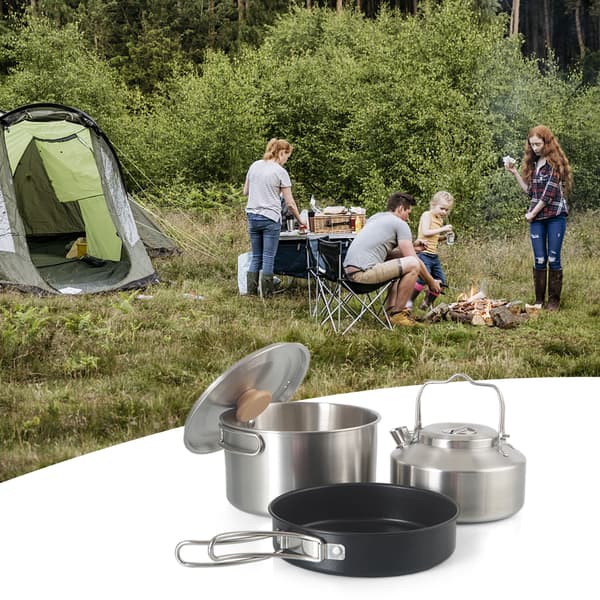 Sammenfoldeligt campingkøkkenredskabssæt med kedel i rustfrit stål til backpacking