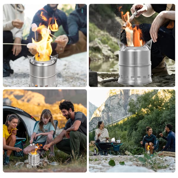 Bärbar vedeldad eldstad i rostfritt stål för camping och utomhusmatlagning