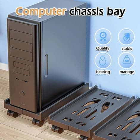 Justerbart PC-stativ under skrivebord – Høyde 20 til 30 cm – Maks belastning 30 kg – 4 svingbare ABS-hjul – Optimal ventilasjon