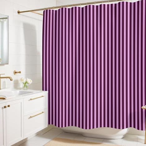 Bruseforhæng - 180 x 180 cm - Blomme og lyserøde striber - Polyesterstof - Til standard badeværelse