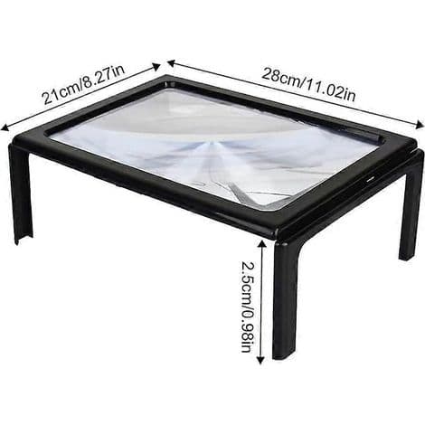 Læseforstørrelsesglas. 3x forstørrelse. Rektangulær A4. Udstyret med 4 LED'er med høj lysstyrke.