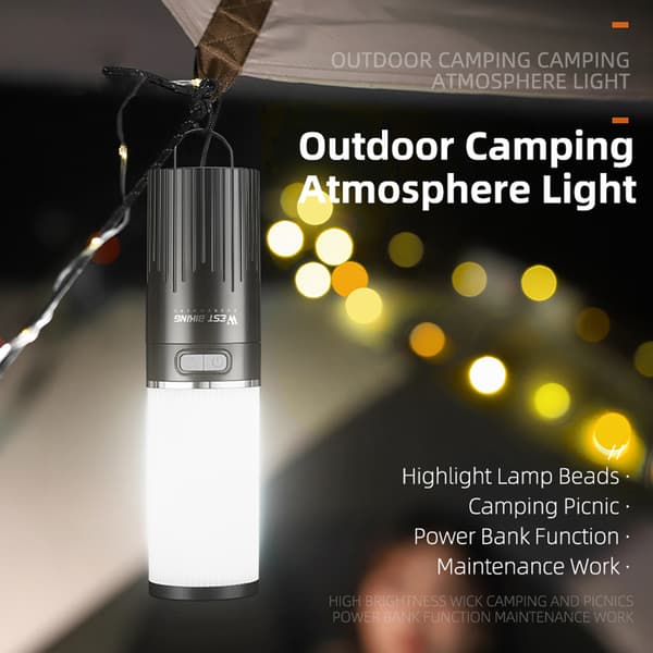 LED-campinglykt med multifunksjonell vanntett snorlys og powerbank-funksjon