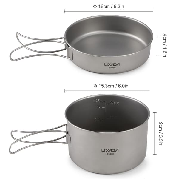 Titanium Campingbestiksæt, 2 dele, gryde og stegepande med foldbare håndtag og netpose