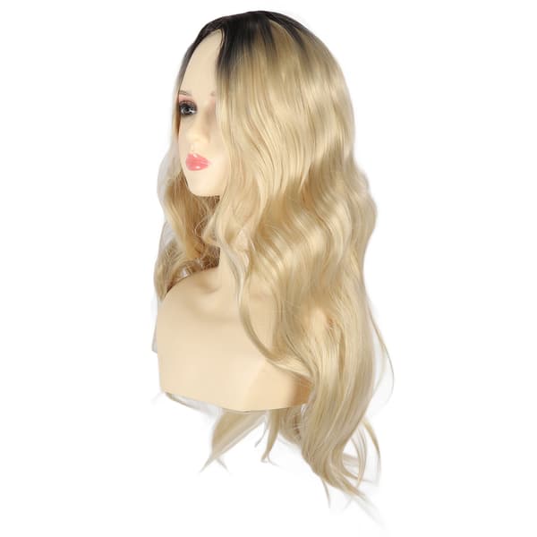 Lång Vågig Mittbena Svart Gradient Blond Syntetisk Peruk
