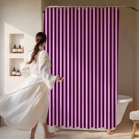 Bruseforhæng - 180 x 180 cm - Blomme og lyserøde striber - Polyesterstof - Til standard badeværelse