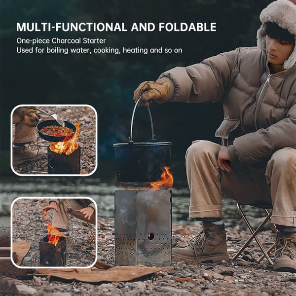 Bærbar kullstarter i rustfritt stål med veske for grilling og camping