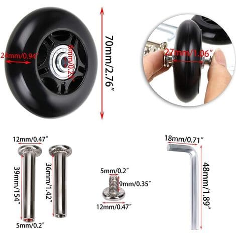 Kuffert Hjul - 70 x 24 mm - 6 mm Indre Lejediameter - 36 mm Aksel - Polyurethan - Sort - 2 Styk
