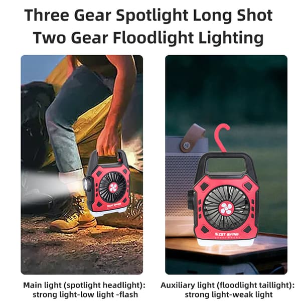 Multifunktionel campingventilator, bærbar USB genopladelig lampe med krog til udendørs brug