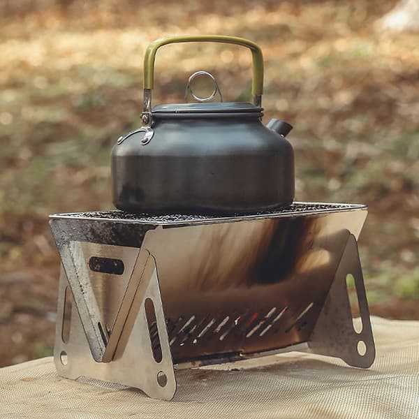 Sammenklappelig brændeovn i rustfrit stål med grillplade til udendørs camping og backpacking