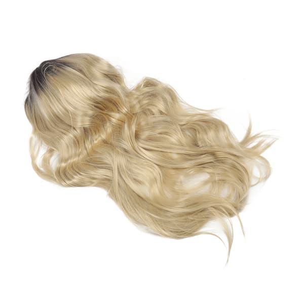 Lång Vågig Mittbena Svart Gradient Blond Syntetisk Peruk