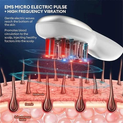 Elektrisk EMS-massagekam med blå og rød LED-vibrationer til hovedbundslysterapi og hårmassage. Massagebørste til hårvækst.