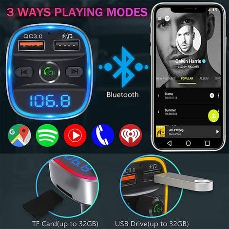 Bluetooth FM-sender - Dobbel USB billader - MP3 U-diskspiller (opptil 32 GB) - Håndfri samtale med skjerm og LED-indikator - 1 stk