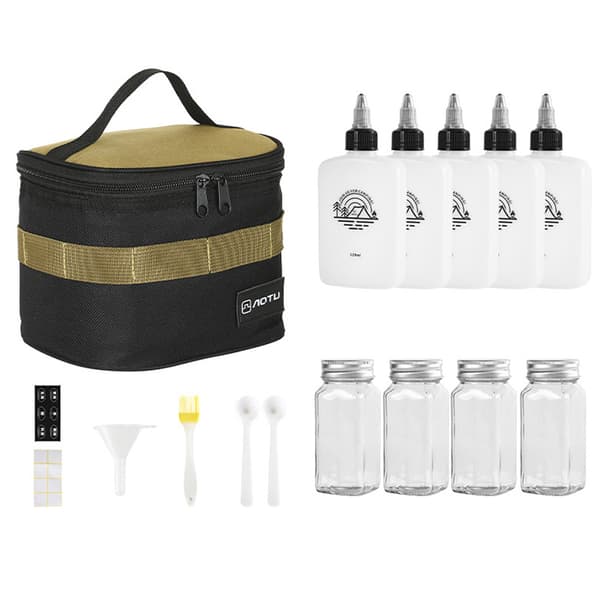 Bärbart campingkryddset med glas- och plastflaskor och förvaringsväska