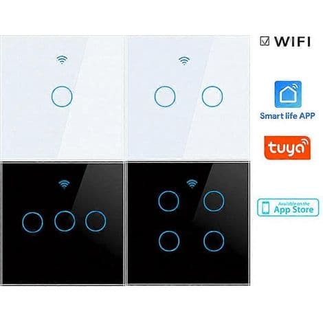 Tuya Touch 2/3/4-vejs smart switch. Styres via app. Ingen neutral ledning påkrævet.