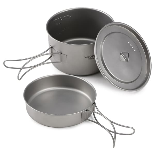 Titanium Campingbestiksæt, 2 dele, gryde og stegepande med foldbare håndtag og netpose