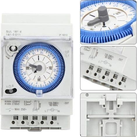 Analog timer - 12V AC/DC synkronmotor - Daglig programmering - 96 segment 15 min - DIN-skenmontering
