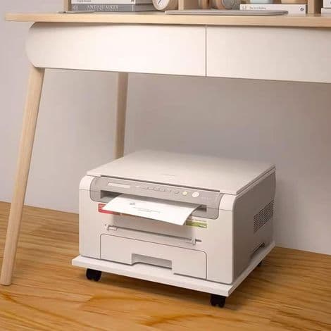 Skriverstativ under skrivebord med 4 hjul - Mobilt stativ for skriver/kopimaskin og datatårn. Hvit
