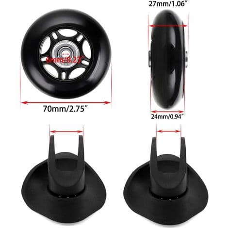 Kuffert Hjul - 70 x 24 mm - 6 mm Indre Lejediameter - 36 mm Aksel - Polyurethan - Sort - 2 Styk