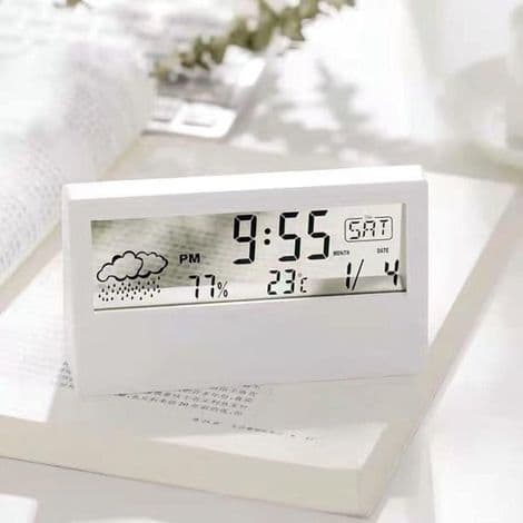 Digital väckarklocka för inomhusbruk med inbyggd termometer, LCD-skärm och övervakning av hemmets väder.